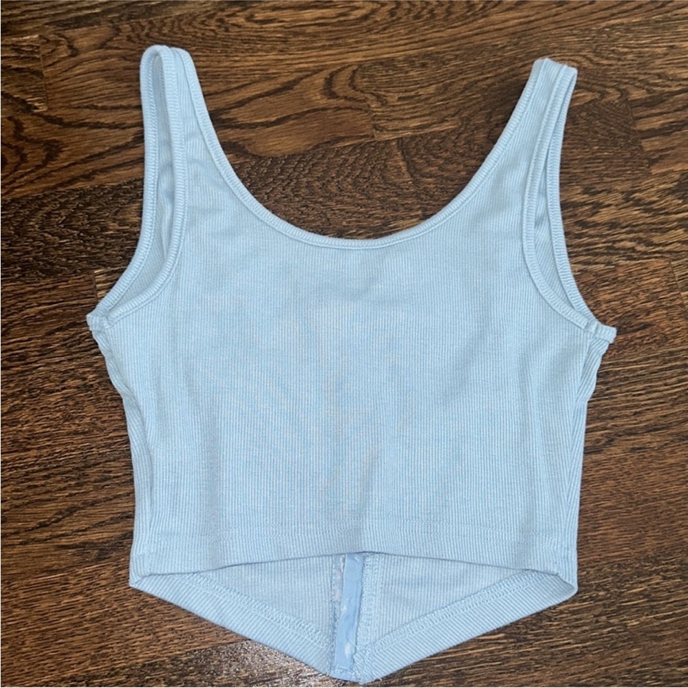 SHEIN Light Blue Ribbed Button-Up Crop Top - Picture 5 of 5